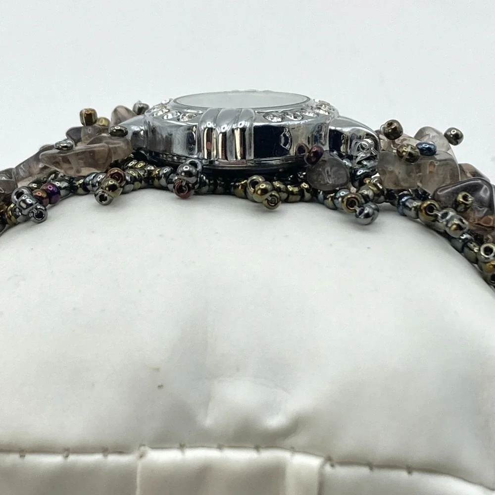 Artisan Womens Watch Beaded Gemstone Silver Tone Crystals New Battery 7.25